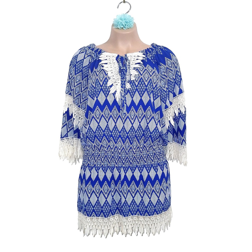 T Bags Los Angeles Women Tunic Dress Medium Blue White Crochet Boho Hippie Short